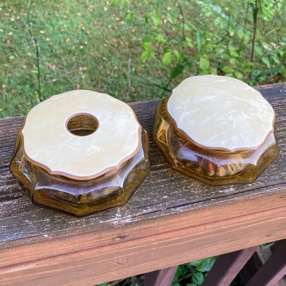 Vintage 1930s Art Deco Amber Glass Vanity Jar Set with Yellow Celluloid Lids